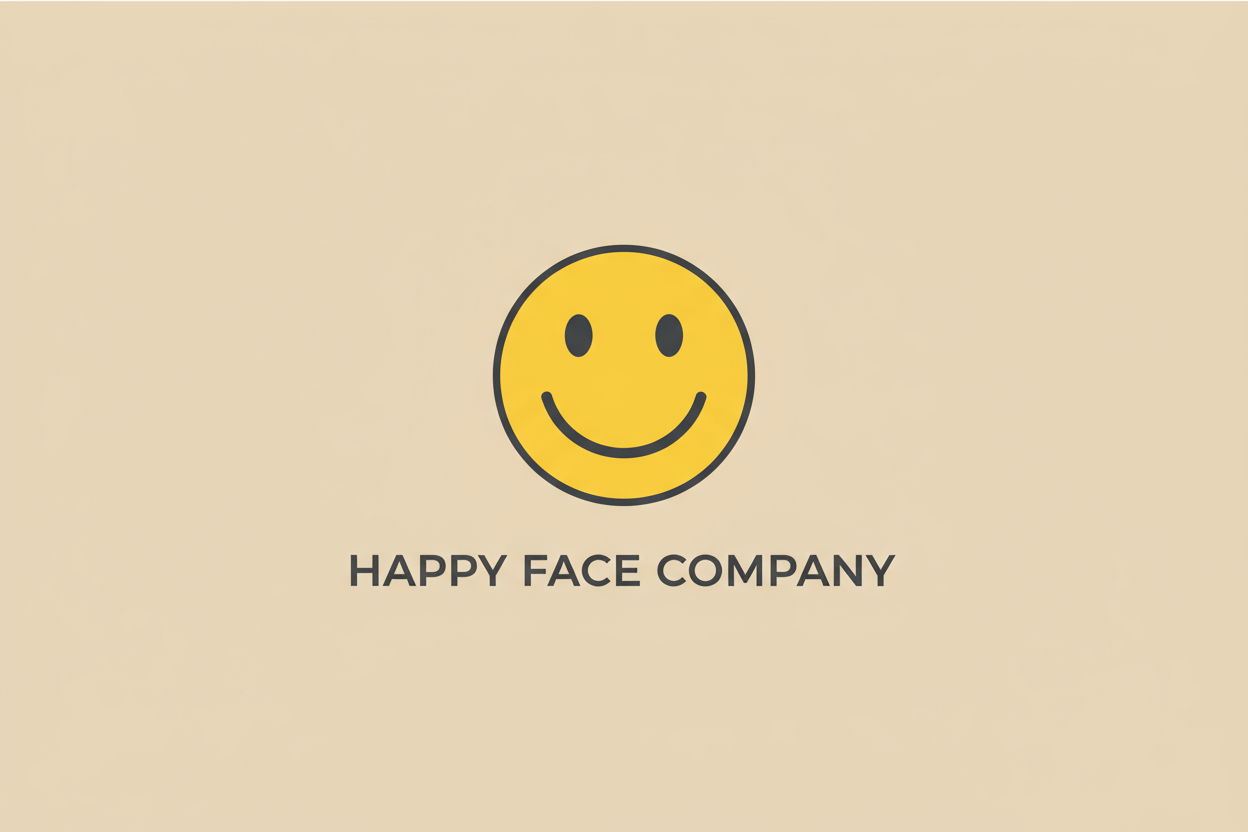 Logo of the Happy Face Company with a yellow smiley face on a beige background